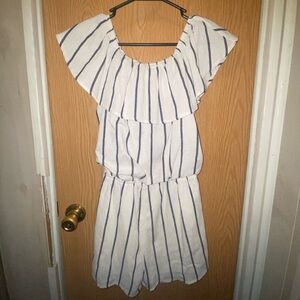 Women’s off-shoulder white and navy striped romper